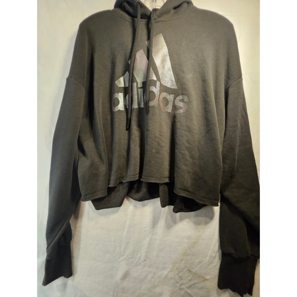Adidas Womens Black Cropped Hoodie Iridescent Foil Logo Pullover Size L